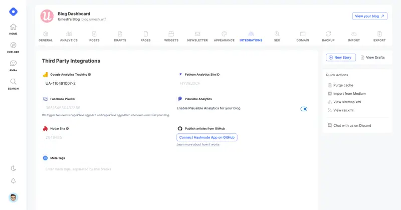 Hashnode GitHub integration settings
