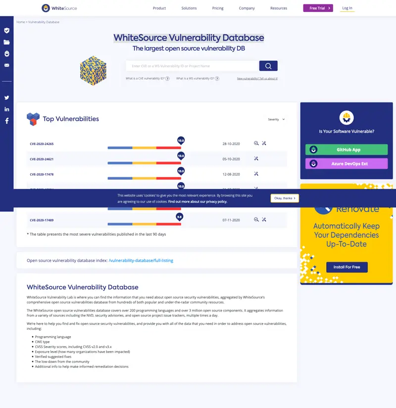 WhiteSource vulnerability database home page