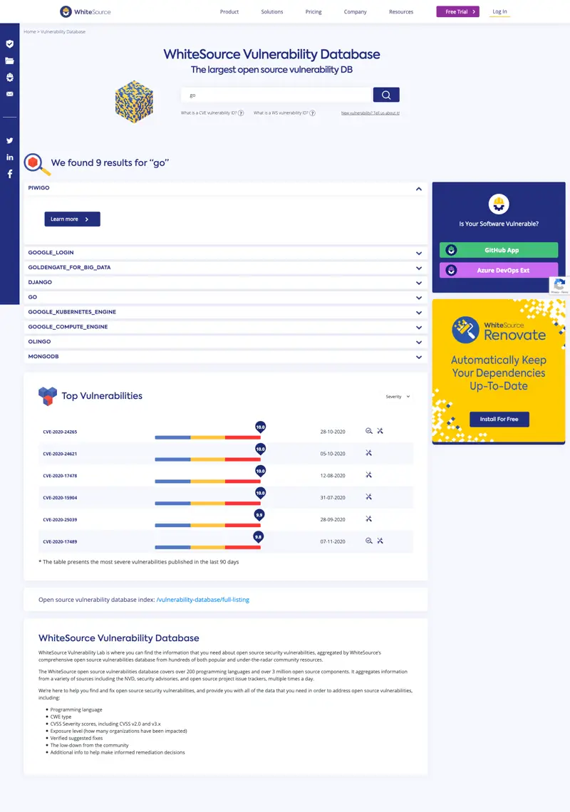 Vulnerability database search results for Go