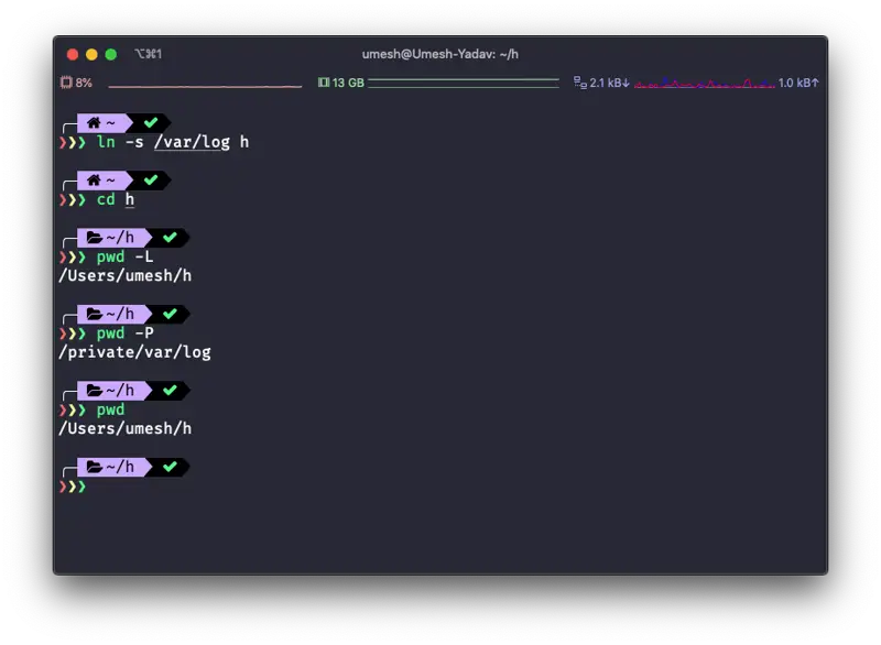 Terminal output demonstrating logical and physical pwd paths