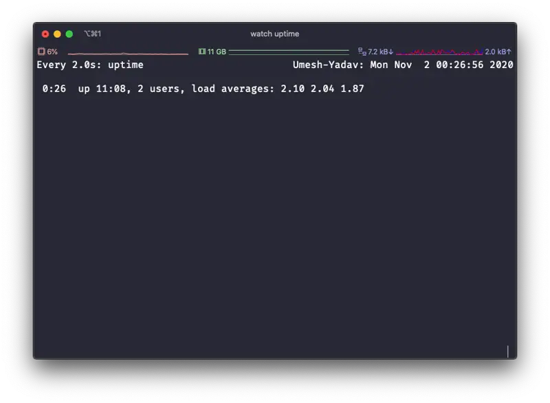 The watch command refreshing uptime every two seconds