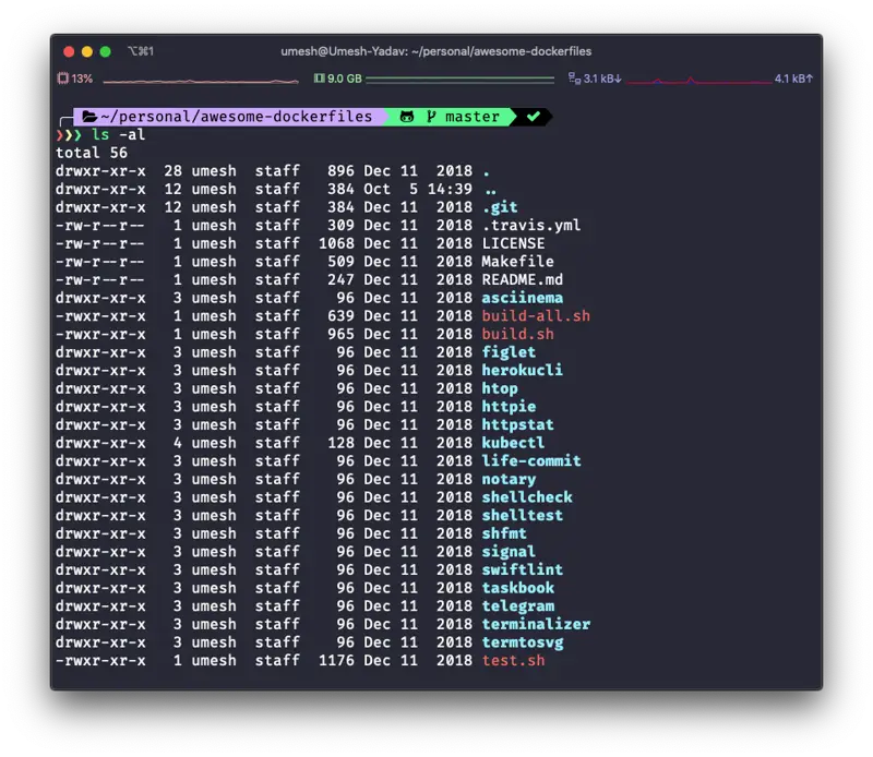 Detailed directory listing from ls -al
