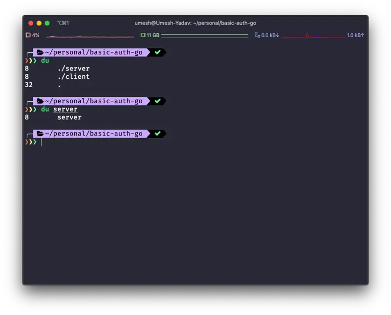Terminal output showing directory size with du