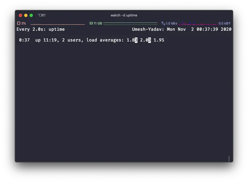watch highlighting differences in uptime output